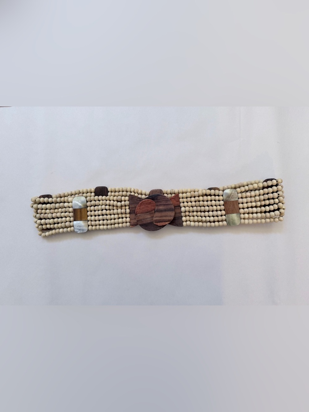 Wood Beaded Stretch Belt Wide Boho Natural Wood 32-33” Unmarked Statement
